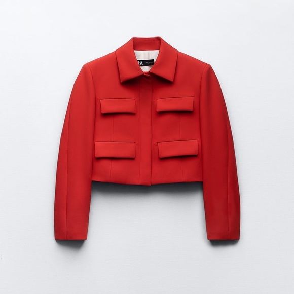 ZARA WOMEN RED SHORT CROPPED FLAP JACKET BLAZER WITH FLAPS - Picture 11 of 15